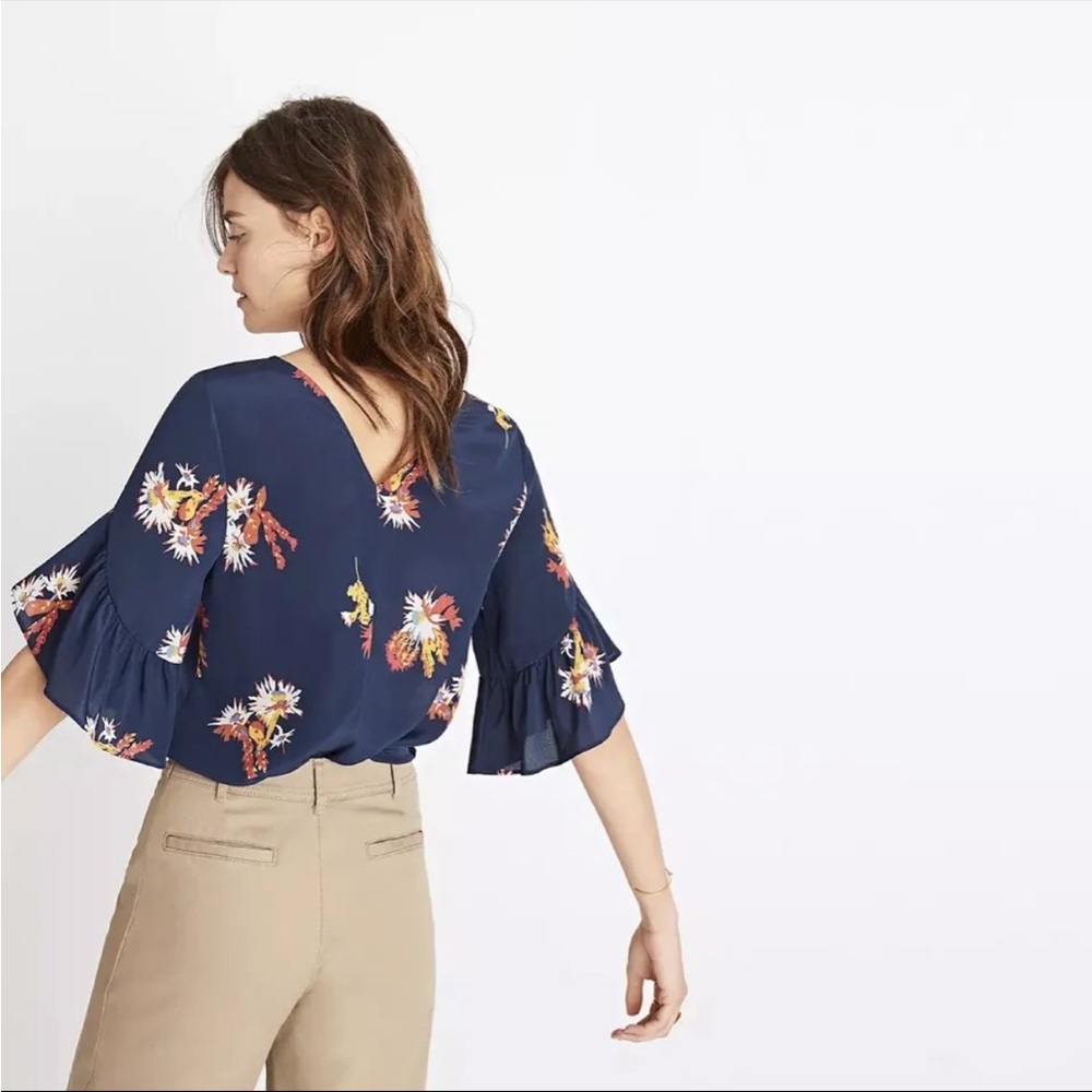 Madewell Silk Ruffle Sleeve Top Cactus Flower Women’s XS Blue V-Back